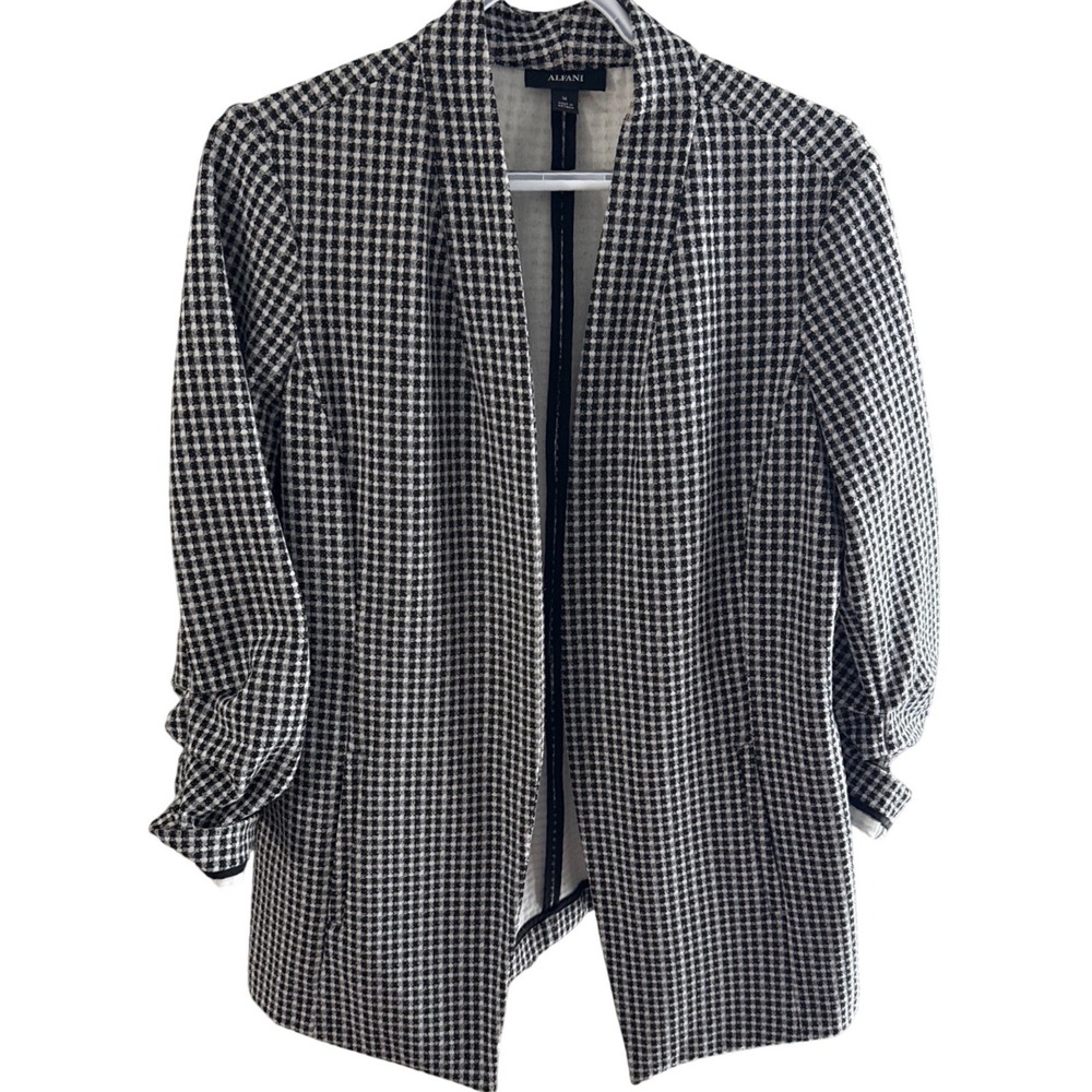 Alfani Womens Black White Gingham Ruched Sleeve Open Front Blazer Jacket Size M
